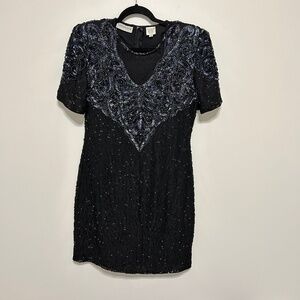 Vtg Melanie Lyne Beaded Dress Women's Large Black/Purple Formal Party READ
